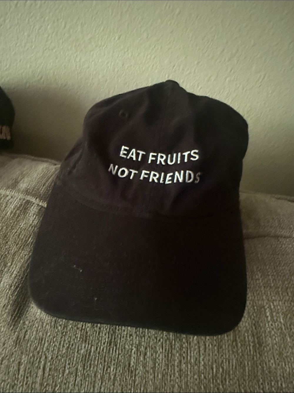 Black Kids Cap with "Eat Fruits Not Friends" Embroidered Slogan